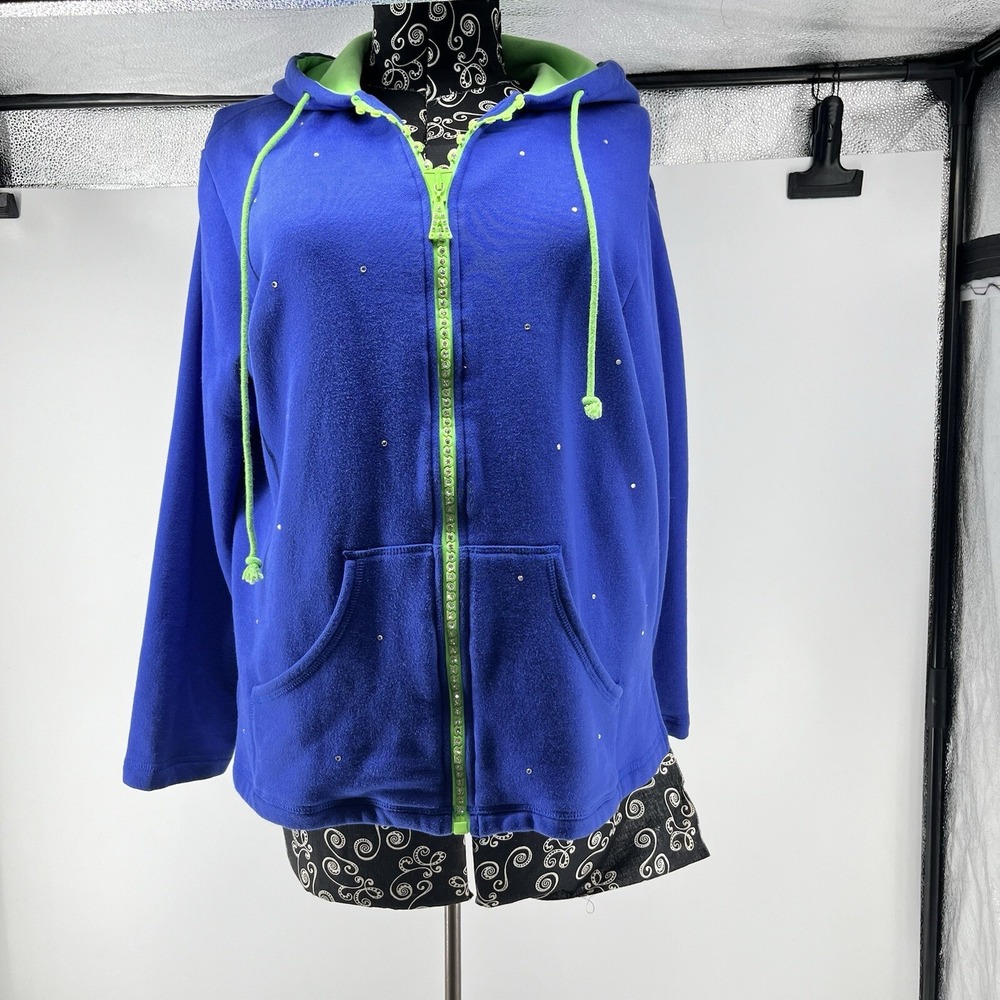 The Quacker Factory Full Zip‎ Hoodie Rhinestone Accents Blue Green XL